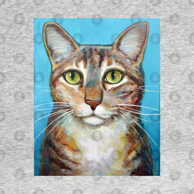 Striped Cat Blue Background by RobertPhelpsArt